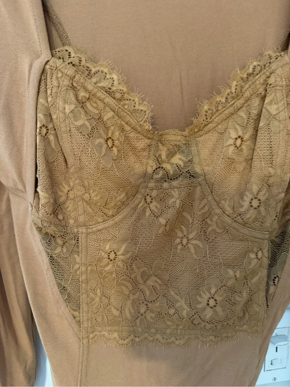 Free People Lace-Front Long Sleeve Tee in Camel